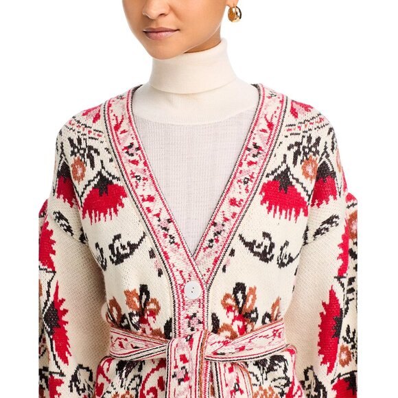 FARM RIO Cashew Mandala Belted Knit Cardigan, Cream/Red/Black, Size M, NWT - Picture 4 of 13